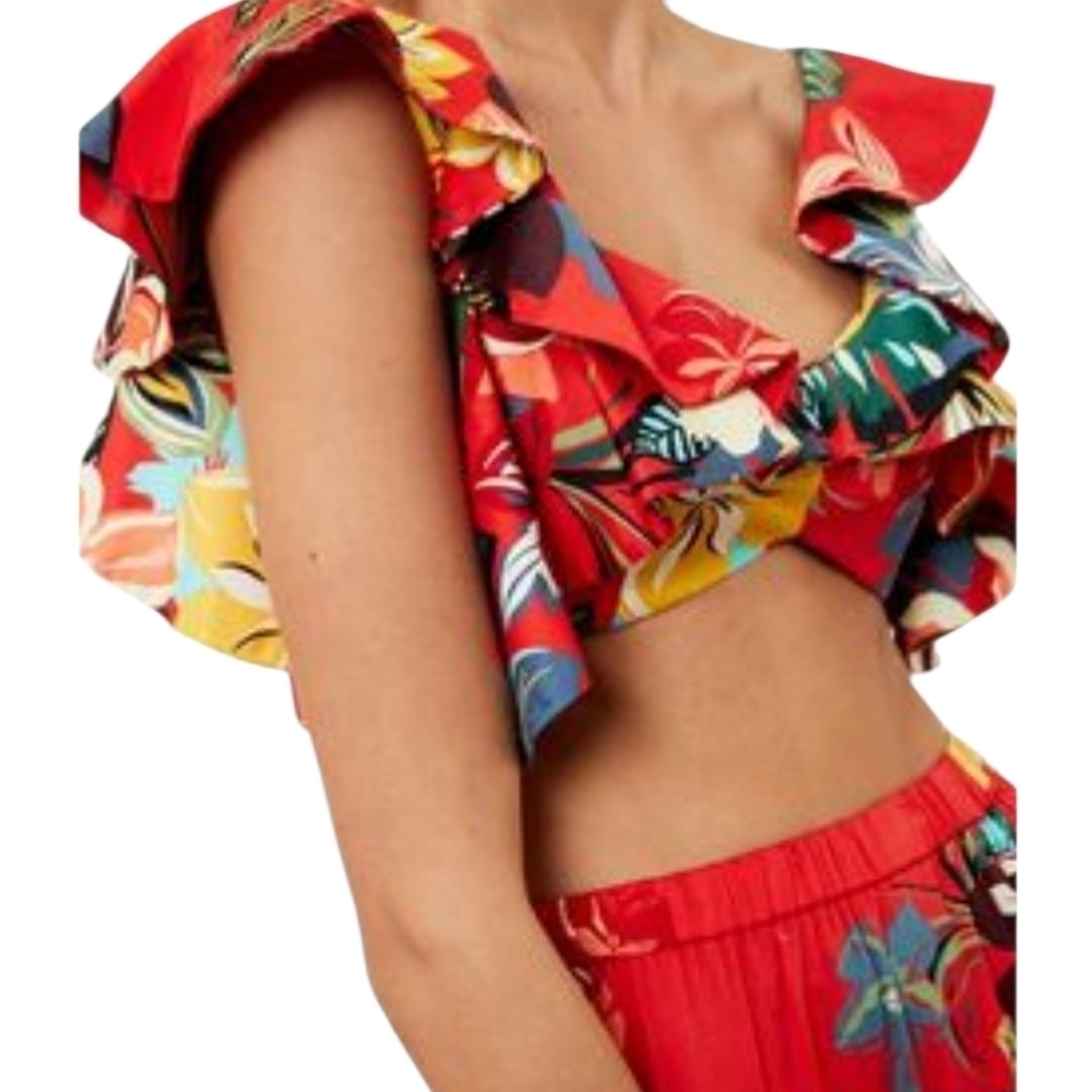 Alexis Multicolor Floral Ruffle Crop Top Red Green Yellow Tropical Vacation
